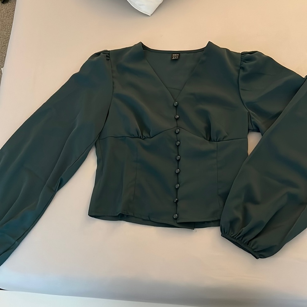 Deep green corset top with flared sleeves. Satin material.  SHEIN size M
